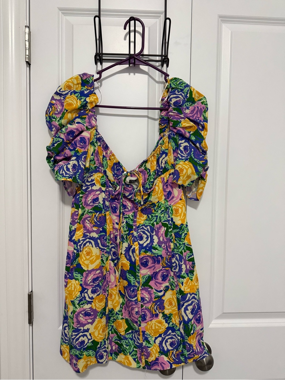 Zara Yellow, Purple, Green Floral Tie-Front Mini Dress